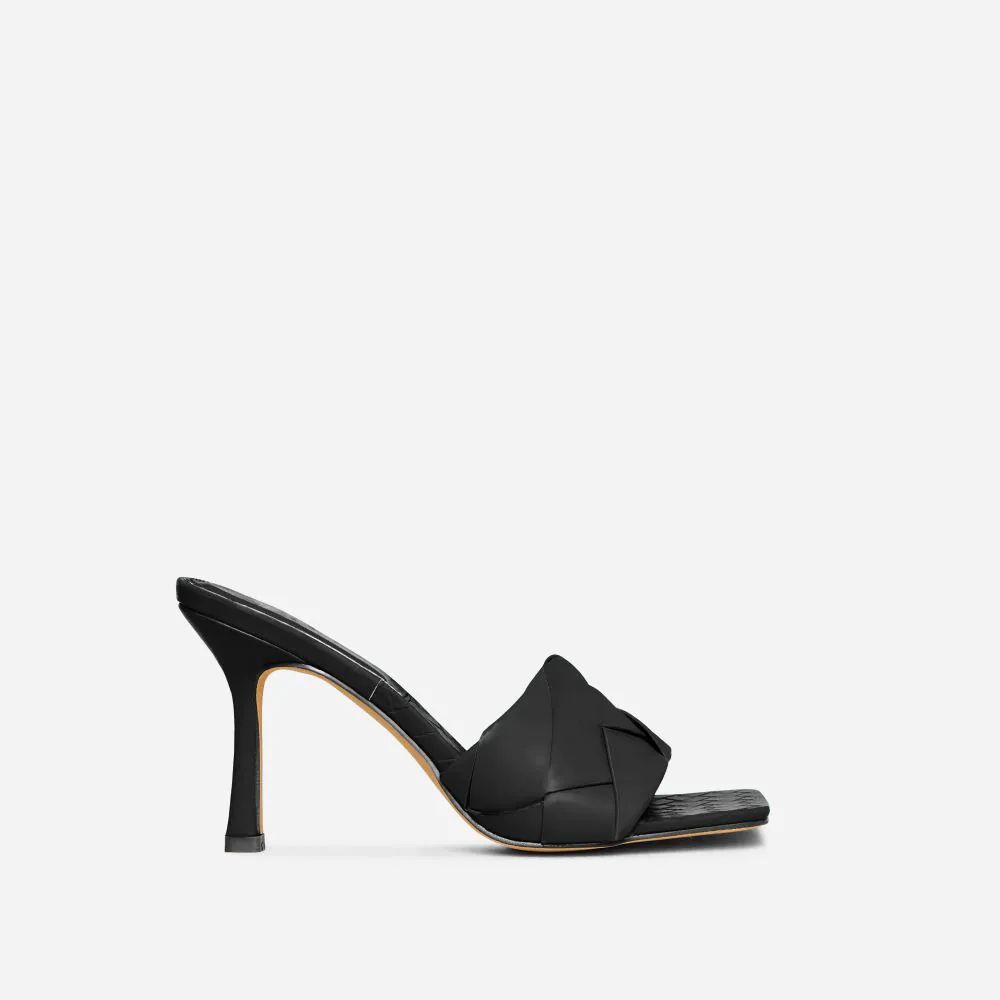 Turntup Woven Square Peep Toe Mule In Black Faux Leather | Ego Shoes (UK)