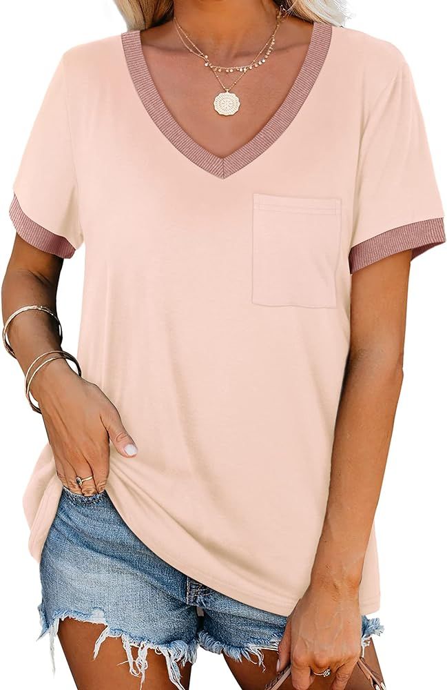 Geifa Womens T Shirts Short Sleeve V Neck Loose Casual Summer Tops with Pocket | Amazon (US)