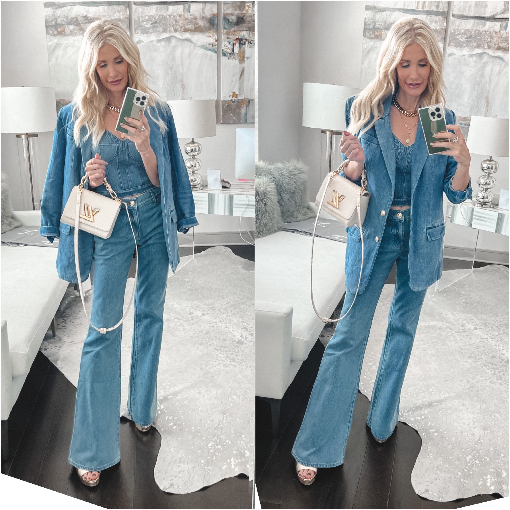 Trending now >> DENIM on DENIM aka the Canadian tuxedo and I’ll have to say this is one of my favorite trends! How about you? 
#expresspartner #expressyou #express 

This denim suit is so flattering! These high-waisted flares are so slimming and I can’t get enough of this fabulous denim blazer! All of these pieces run true to size, I’m wearing a size xs in the jacket, a size 0 in the top and a 0 regular in the jeans. 

PS - this look plus 9 other amazing looks from @express are featured in my most recent YouTube video titled 7 REASONS YOUR CLOTHES LOOK CHEAP and WHAT TO WEAR INSTEAD #linkinstories



#LTKunder100 #LTKstyletip #LTKover40