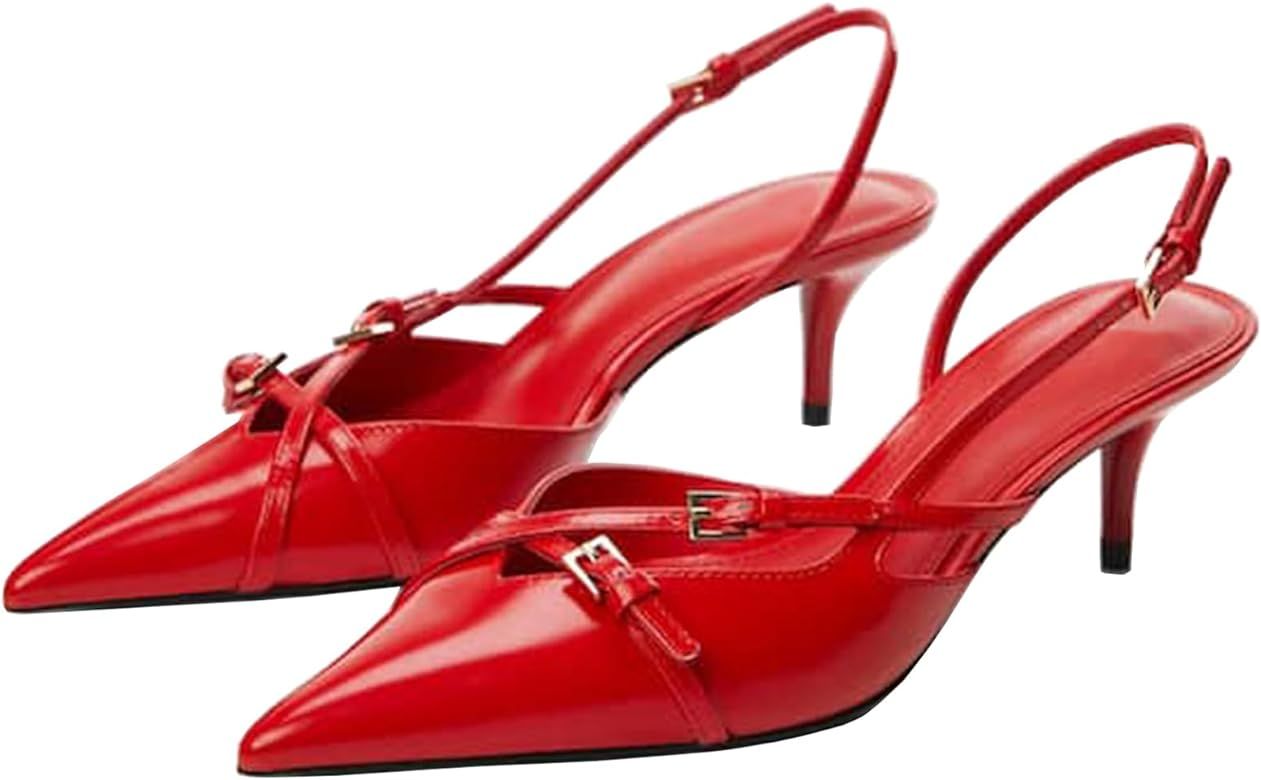 Yishaweiqi Slingback Kitten Heels for Women Buckle Strap Pointed Toe Dress Pumps Shoes Slip On He... | Amazon (US)