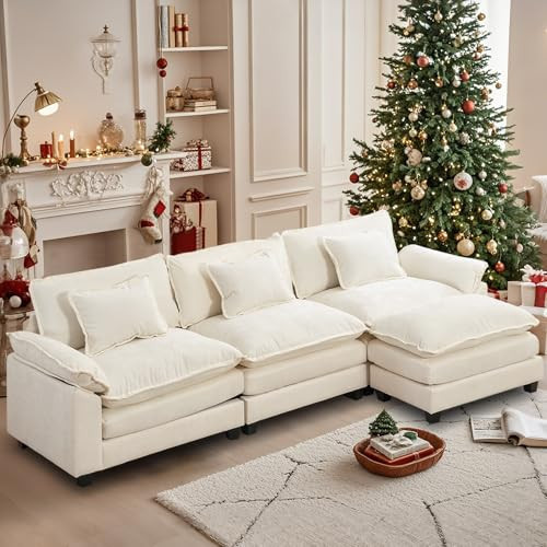OQQOEE Sectional Sofa Modular Cloud Couch Upholstered Deep Seat Cloud Sofas Sleeper with Ottoman Comfy Chenille Sofa Sleeper for Living Room,Apartment (White, L Shaped-3 Seat & Ottoman) | Amazon (US)