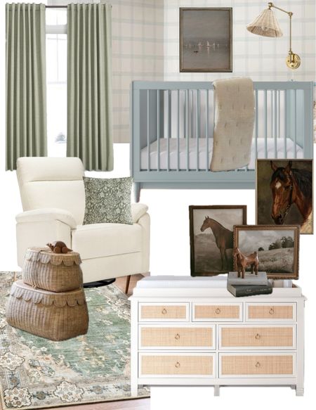 Neutral blue and green nursery with horse accents 
