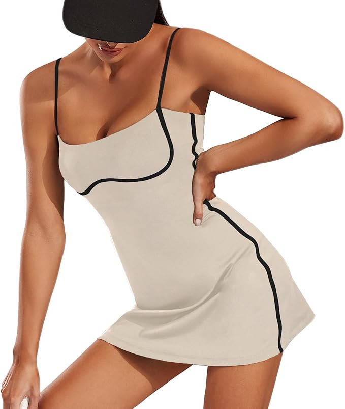 Womens Workout Tennis Dress with Built-in Bra & Shorts Pockets Sleeveless Exercise Golf Dresses | Amazon (US)