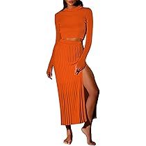 Pink Queen Women's 2 Piece Sweater Outfits Set Crop Top Long Sleeve Split Bodycon Pleated Midi Lo... | Amazon (US)