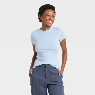 Women's Short Sleeve Ribbed T-Shirt - A New Day™ Light Blue M: Cotton-Modal Blend, Crew Neck, P... | Target