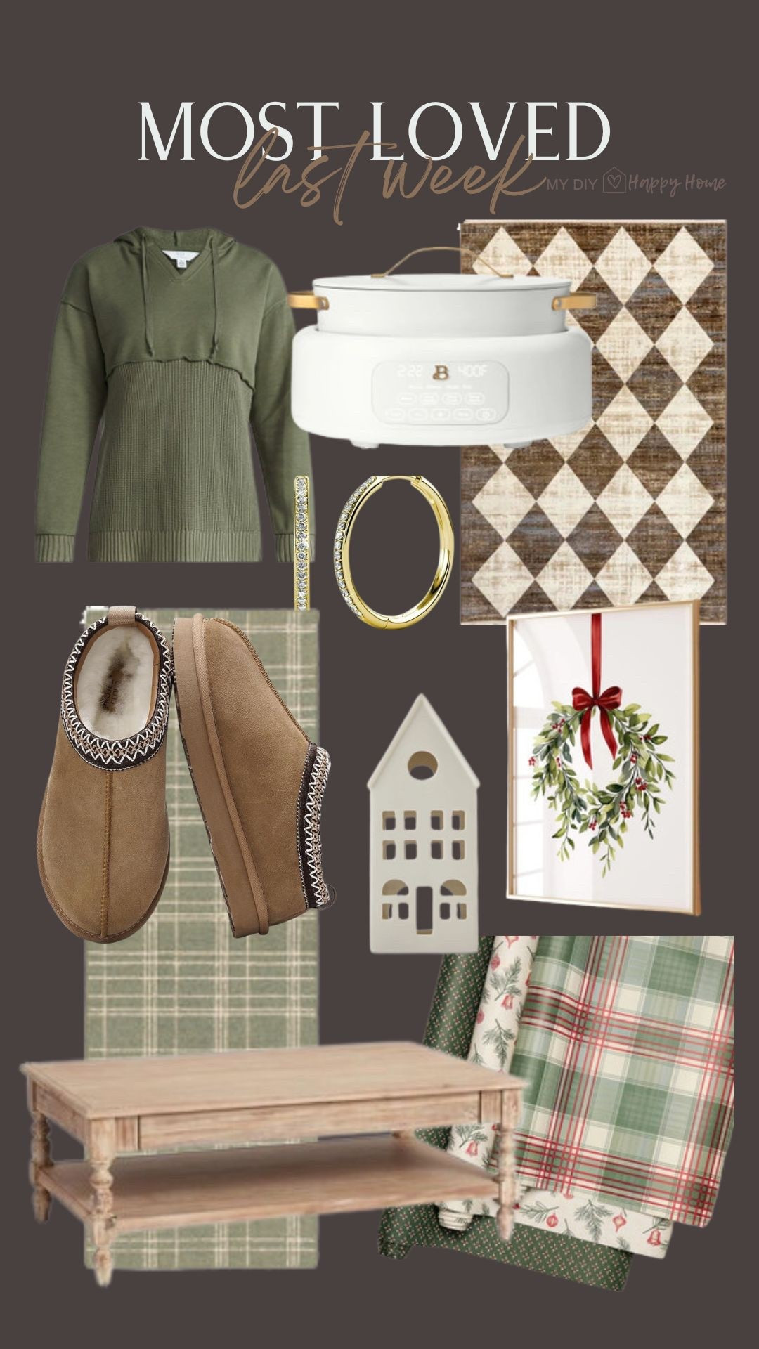 Last weeks most loved and best sellers:

•mixed media hoodie
•multi cooker 
•checker rug 
•gold hoop earrings 
•Slippers
•digital art 
•Ceramic houses 
•wrapping paper 
•my coffee table 
•green plaid runner 

#LTKSeasonal #LTKHoliday #LTKHome
