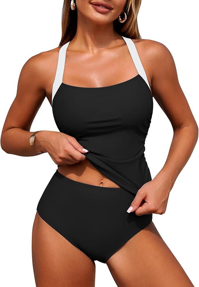 ZAFUL Women's Tankini Swimsuits Tummy Control Swimwear Two Piece Bathing Suits Swim Top with High... | Amazon (US)