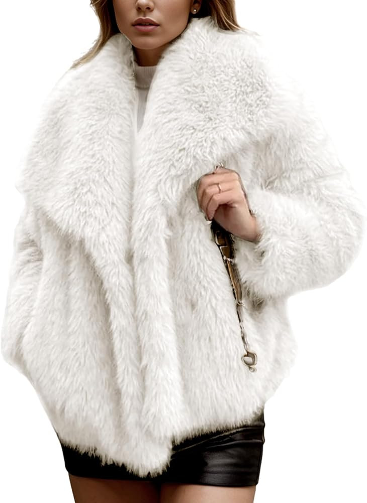 Gihuo Women's Faux Fur Jacket Winter Long Sleeve Fluffy Lapel Furry Shaggy Jacket Coat | Amazon (US)