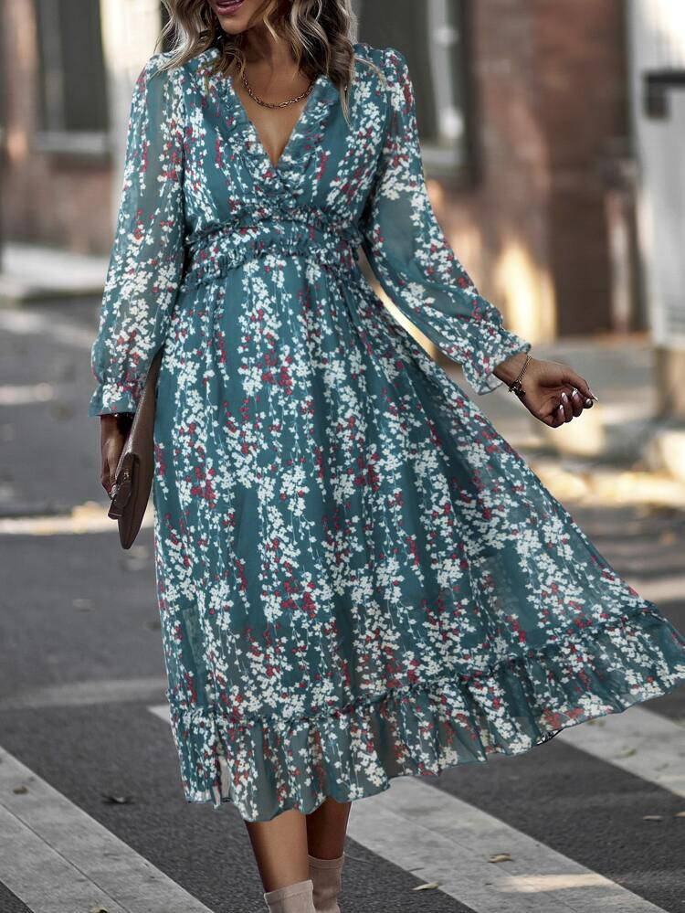 Ditsy Floral Deep V-neck Ruffle Hem Dress | SHEIN