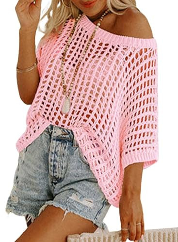 Dokotoo Womens Casual Spring Summer Crochet Hollow Out Sweaters Top 2025 Off Shoulder Pullover Shirt Short Sleeve Lightweight Knit Tops Crochet Coverup Pink Medium | Amazon (US)