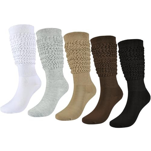 Slouch Socks Girls Cushioned Chunky Stacked Boot Socks Soft Knit Warm Long Knee High Socks Scrunch 5-7 Years Kids 5 Pairs (Mixed Colors, S) | Amazon (US)
