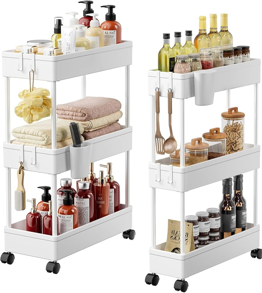 Pipishell Bathroom Cart, 2 Pack Slim Storage Cart Organizer with Hanging Cups & Hooks, Rolling fo... | Amazon (US)