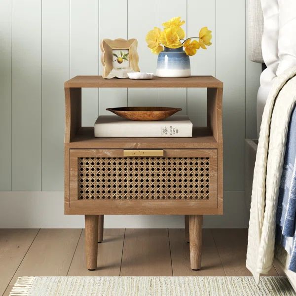 Nador Rustic Farmhouse Woven Fronts Nightstand, One Drawer End Table with Open Shelf | Wayfair North America