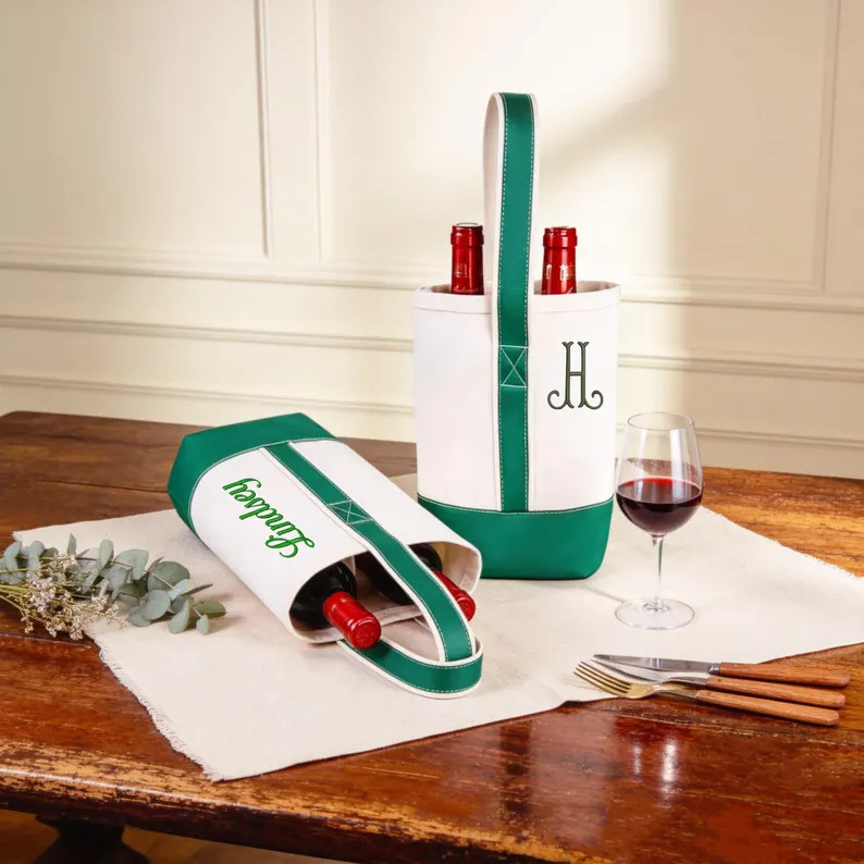 Personalized Canvas Wine Tote Bag,Embroidered Monogram Double Wine Gift Bag for Bridesmaid Grooms... | Etsy (US)