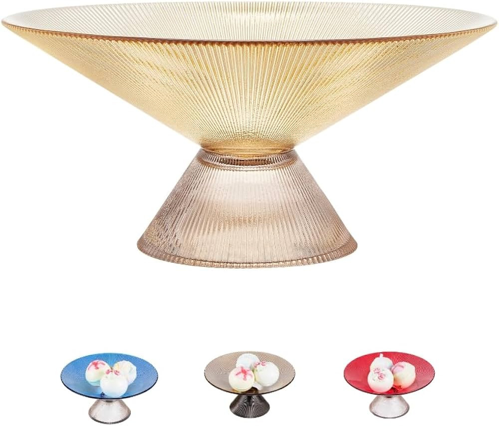 Glass Fruit Bowl – 10” Yellow Decorative Bowl with Ripple Design and Clear Pedestal Base – ... | Amazon (US)