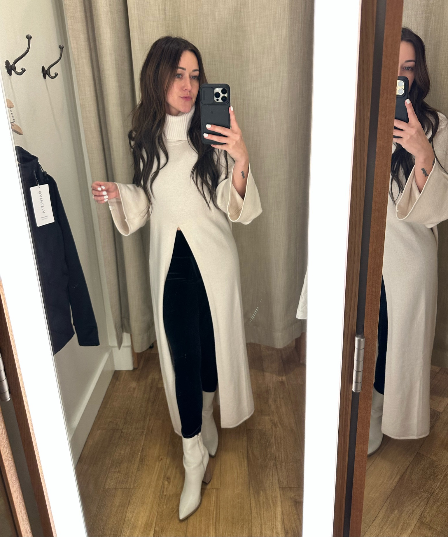 Alicia keys "Free to Roam Tunic" from Athleta with velvet leggings and white ankle booties from Lulus.

#LTKSeasonal #LTKHoliday #LTKfit