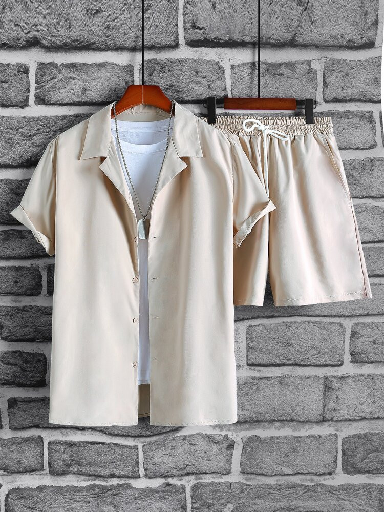 Men Solid Lapel Neck Shirt & Shorts Without Tee | SHEIN