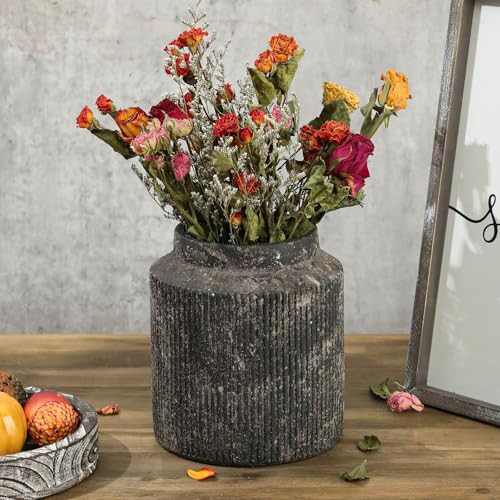 Rustic Terracotta Ceramic Vase for Home Decor, Farmhouse Ribbed Decorative Vase for Dining Table, Coffee Table, Shelf, and Living Room - 6.1IN Vintage Style Flower Vase | Amazon (US)