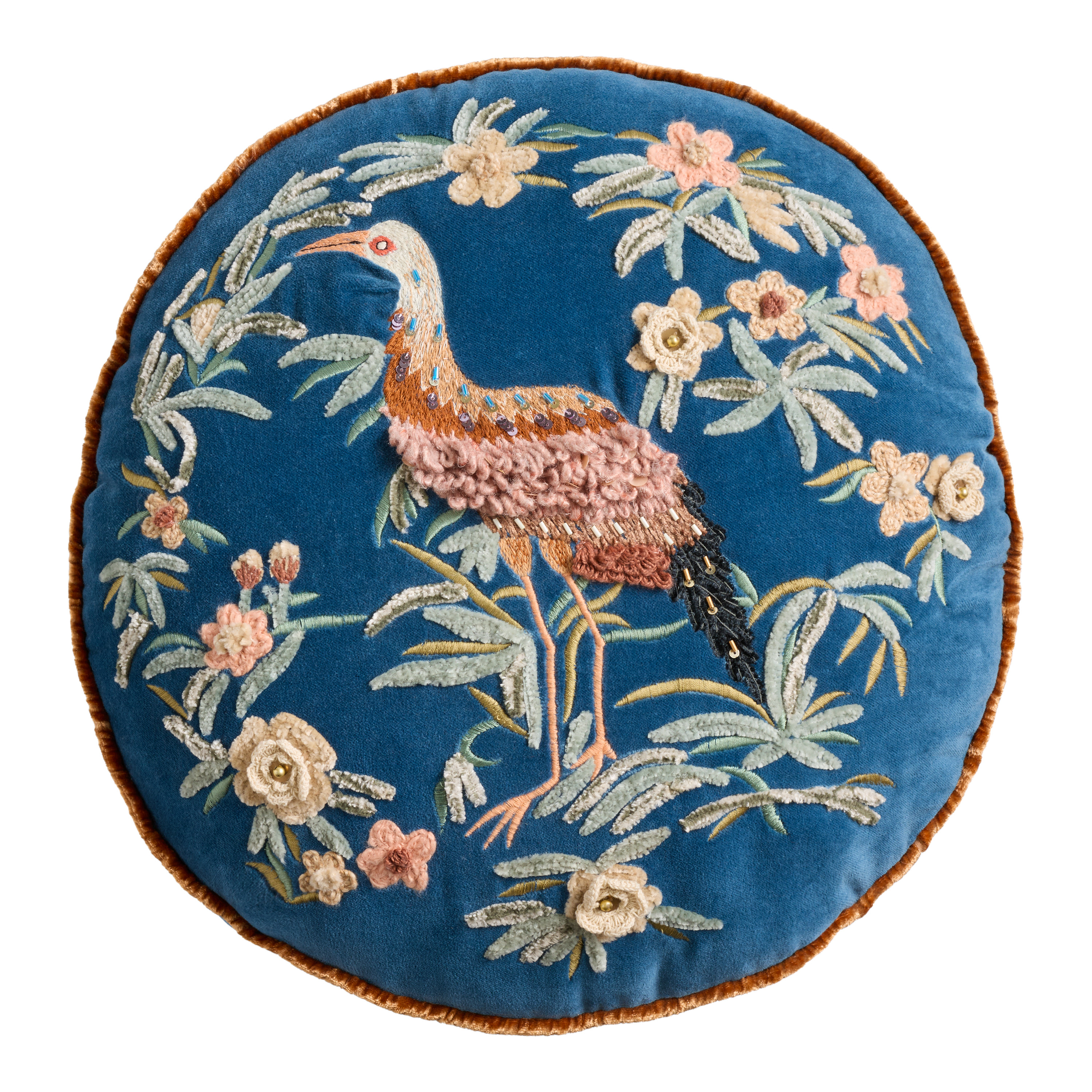 Round Blue Velvet Crane Embroidered Throw Pillow | World Market