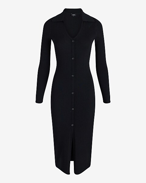 Ribbed V-Neck Button Front Midi Sweater Polo Dress | Express