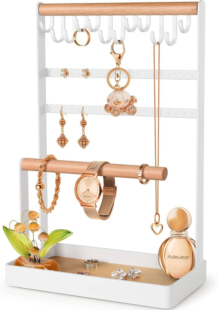 PAMANO Jewelry Stand Earring Organizer, 5-Tier Necklace Holder with Ear Stud Holes Wooden Ring Tr... | Amazon (US)
