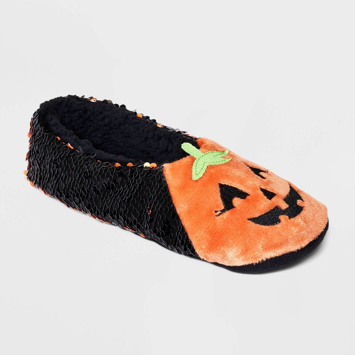 Women's Pumpkin Flip Sequin Pull-On Slipper Socks with Grippers - Hyde & EEK! Boutique™ Black/O... | Target