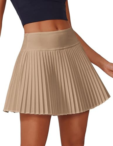 PINSPARK Womens Tennis Skirt Pleated Golf Skort High Waisted Athletic Running Skirts with 3 Pockets Stretchy Quick Dry Pickleball Summer Skirts Mini Skort,Khaki Large | Amazon (US)