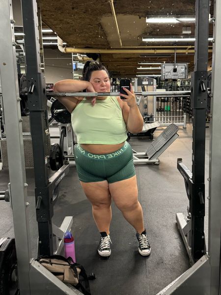 Plus size workout fit 
Nike pro shorts wearing a size XXL
Nike breathable tank crop top size XL 
Everything is very stretchy! I am a size 20.

#LTKPlusSize #LTKFitness #LTKMidsize
