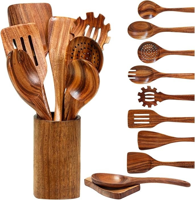 Wooden Spoons for Cooking, Natural Teak Wooden Utensils Set, 10 Piece Handmade Wood Kitchen Utens... | Amazon (US)