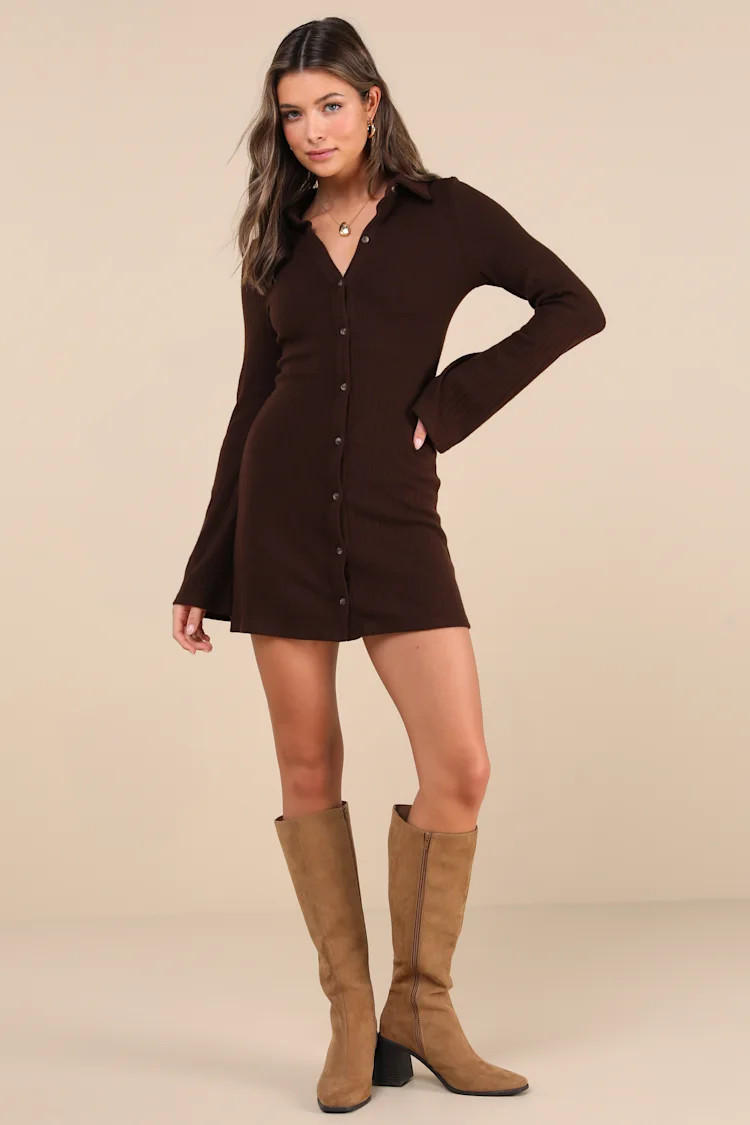 Cuddly Sweetness Brown Button-Front Sweater Mini Dress | Lulus