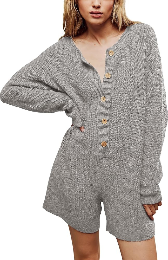 Yeokou Knit Sweater Romper Womens Long Sleeve Shorts Jumpsuits Crewneck Button Down Maternity Cas... | Amazon (US)