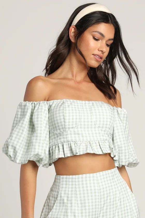 Game Set Match Light Green Gingham Off-The-Shoulder Crop Top | Lulus (US)