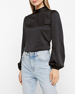Textured Satin Mock Neck Long Sleeve Cutout Button Back Top | Express