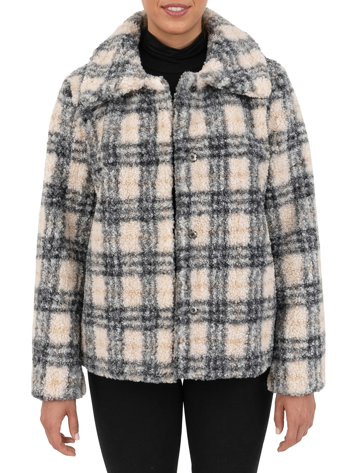 Cyn & Luca Women's Plaid Sherpa Coat with Collar | Walmart (US)