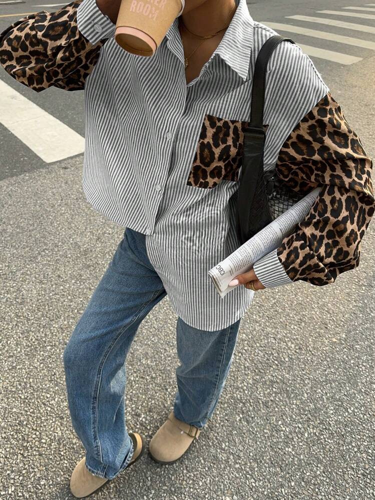 Leopard patchwork casual blouse  | SHEIN
