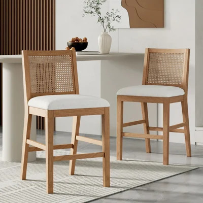 Calista Modern Coastal Rattan & Rubberwood Counter Stools with Handwoven Backrest and Upholstered Cushion | Wayfair North America