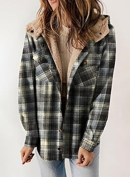 Dokotoo Womens Plaid Shacket Jacket Long Sleeve Button Down Fleece Hooded Jackets Warm Coat | Amazon (US)