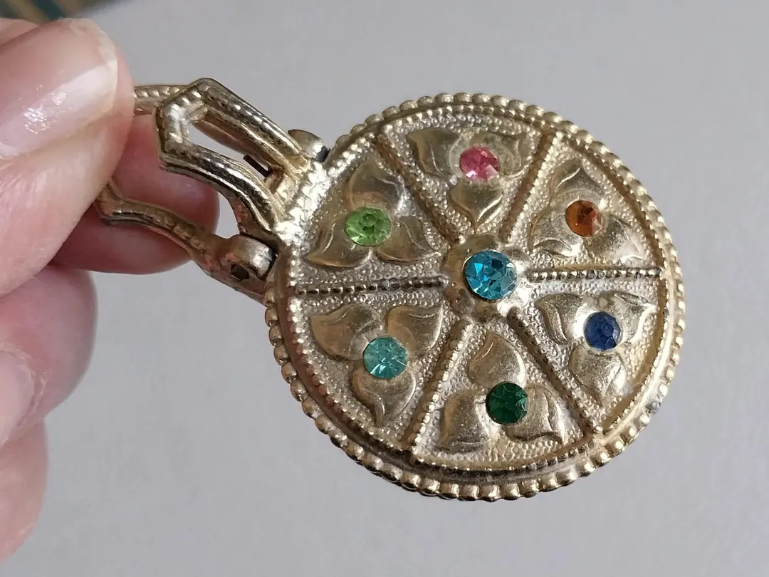 Vintage Pill Box With Sparkly Colored Rhinestone on Hinged Cover, Crumb Catcher Style, Gold Pot M... | Etsy (US)