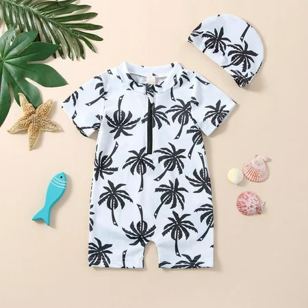 Summer Short Sleeve Swim Toddler Floral Swimsuit for Boys One Piece Swimsuits White New Sleeved Coconut Tree Print 1 Swimsuit+ Swimming Cap Fashion Boy Suit | Walmart (US)