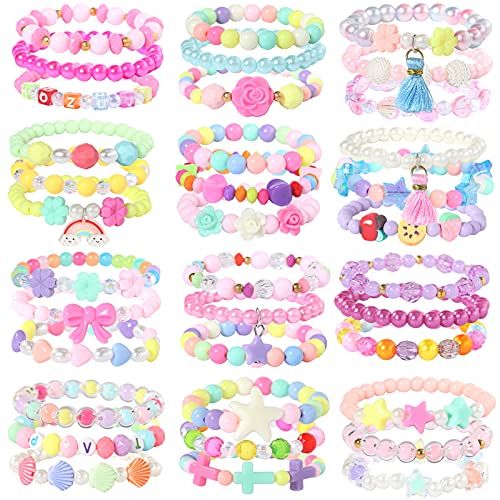 PinkSeep Beaded Bracelets for Kids- 12 Pack 36 PC, Little Girl Plastic Bracelets, Flower Butterfl... | Amazon (US)