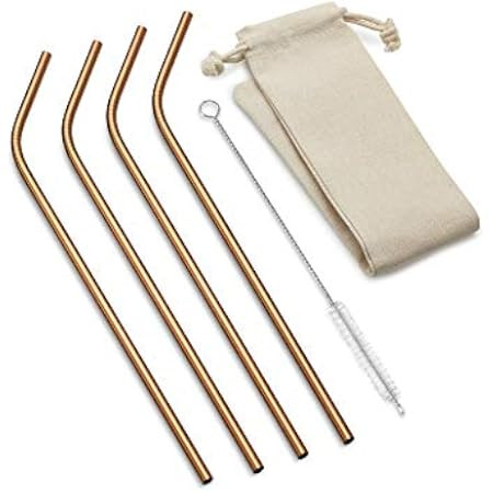 Metal Drinking Straws - 5 Rose Gold Reusable Bent Straws with 3 Cleaning Brushes - Copper Plated Sta | Amazon (US)