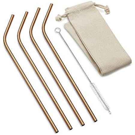 Metal Drinking Straws - 5 Rose Gold Reusable Bent Straws with 3 Cleaning Brushes - Copper Plated Sta | Amazon (US)