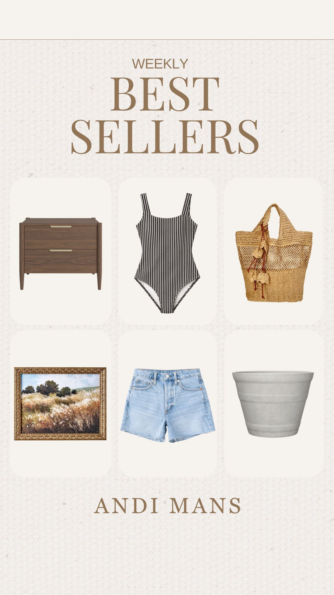 Your weekly top sellers are in! I’m loving this modern nightstand and gold-framed art. This one-piece swimsuit and jean shorts from Target are perfect for a day at the beach. The woven tote from Walmart and this oversized outdoor planter are summer staples you’ll want to grab now. ☀️ 

 

#LTKSeasonal #LTKOver40 #LTKHome