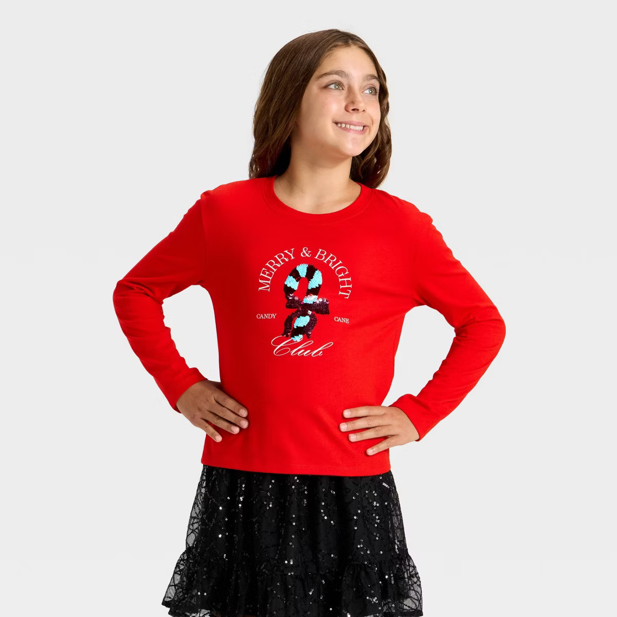 Girls' Long Sleeve Christmas 'Candy Cane' Flip Sequin T-Shirt - Cat & Jack™ Red | Target