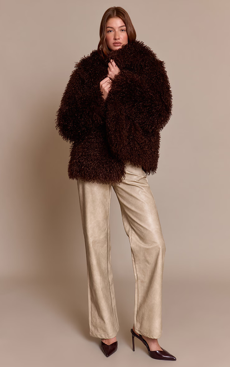 Chocolate Mongolian Fur Midi Coat | Outerwear | PrettyLittleThing IE