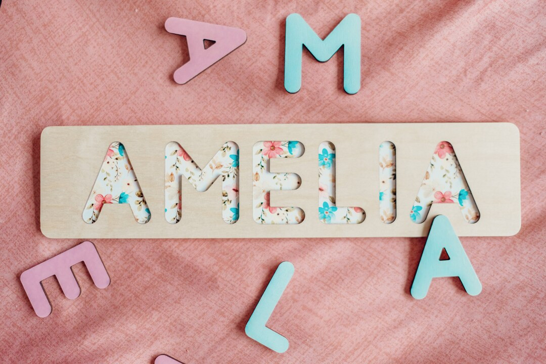 Wooden Name Puzzle Easter Gift for Girl Wildflower Kids Room Decor for Toddlers, Baby, Custom Kid... | Etsy (US)