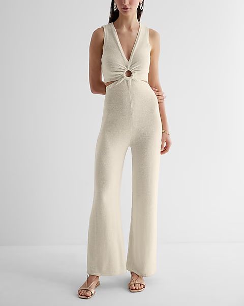 V-Neck O-Ring Cutout Wide Leg Sweater Jumpsuit | Express