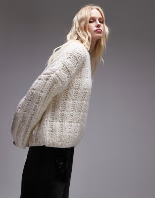 Topshop premium hand knit ladder stitch oversized jumper in ivory | ASOS | ASOS (Global)