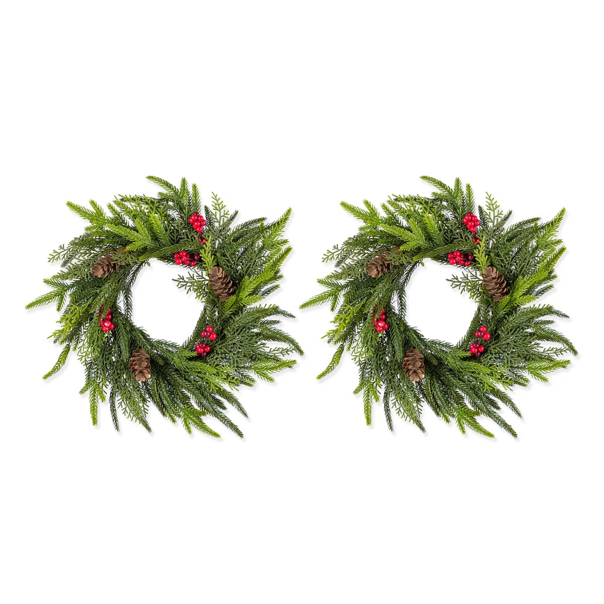 14"D Christmas Mini PE Dripping Wreath With Pinecones And Red Berries (Set of 2) | Wayfair North America