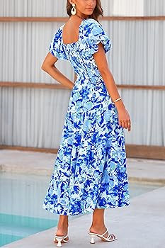PRETTYGARDEN Women's Casual Summer Midi Dress Puffy Short Sleeve Square Neck Smocked Tiered Ruffl... | Amazon (US)